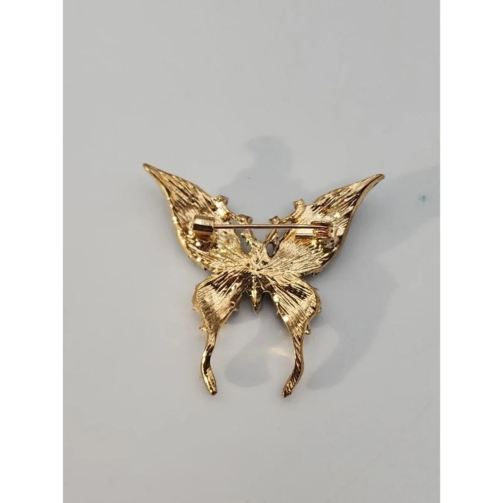 Vintage gold tone black enamel rhinestone BUTTERFLY insect‎ brooch pin